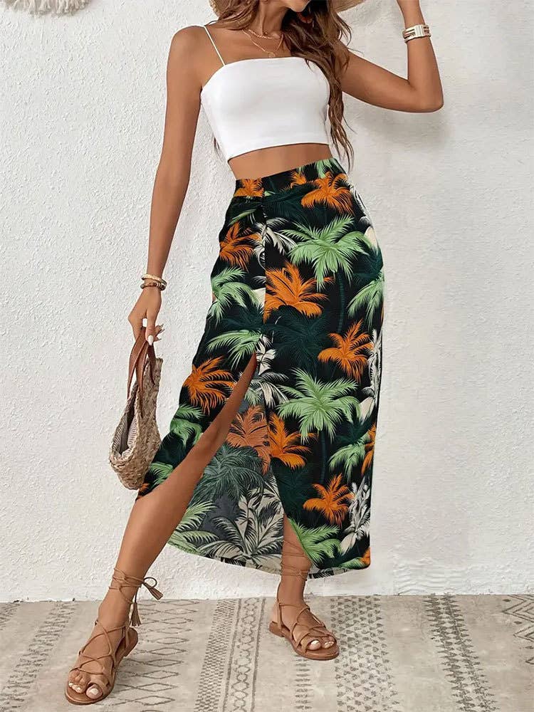 Irregular print kink slit skirt
