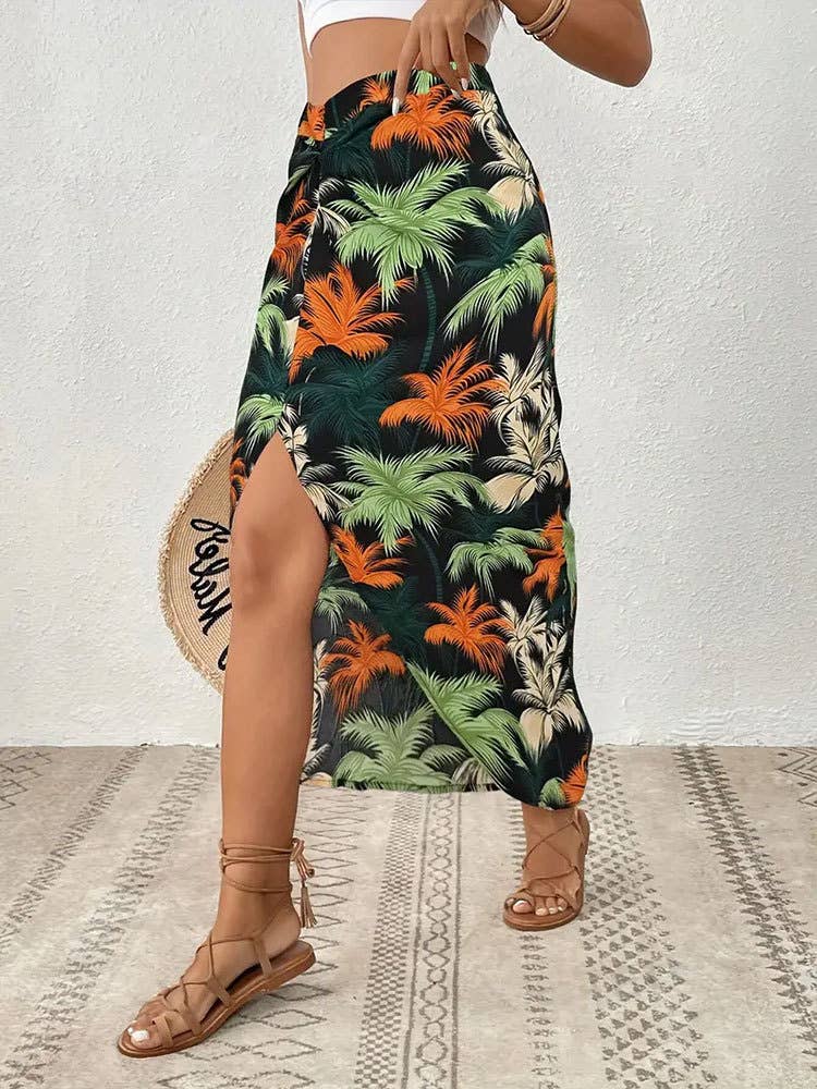 Irregular print kink slit skirt