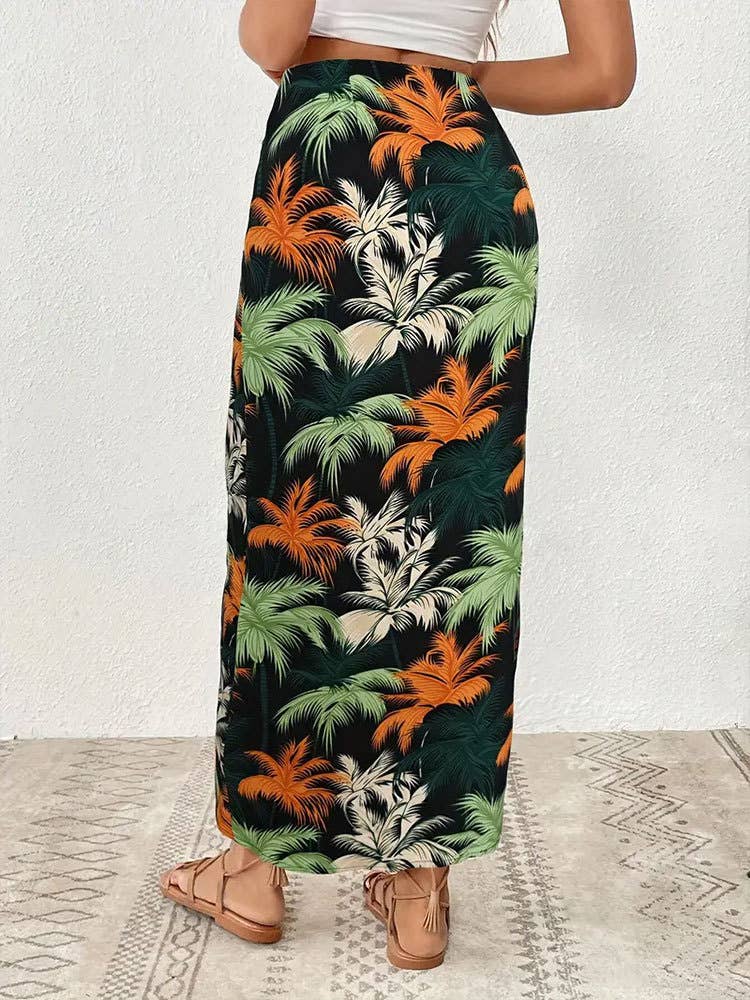 Irregular print kink slit skirt