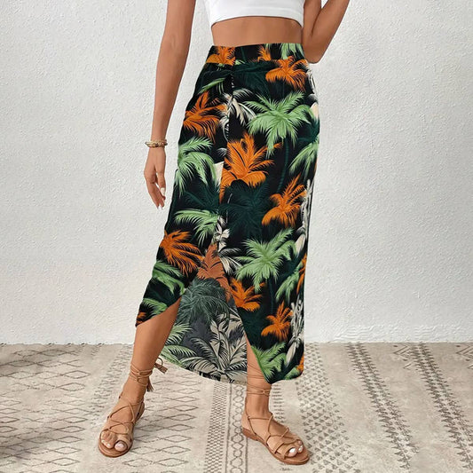 Irregular print kink slit skirt