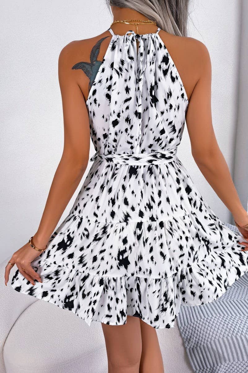 LEOPARD GRAIN FALBALA HANGING NECK DRESS