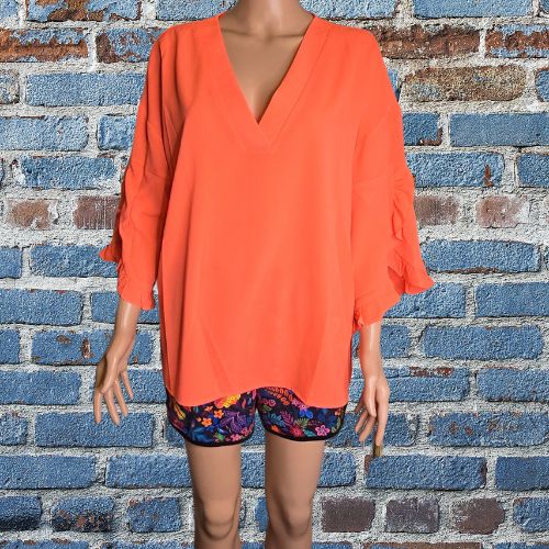 Amy Ruffle Sleeve Top, Neon Coral